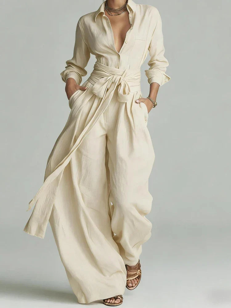 Marlène™ | Vintage Button-Up Shirt & Wide-Leg Trouser Set