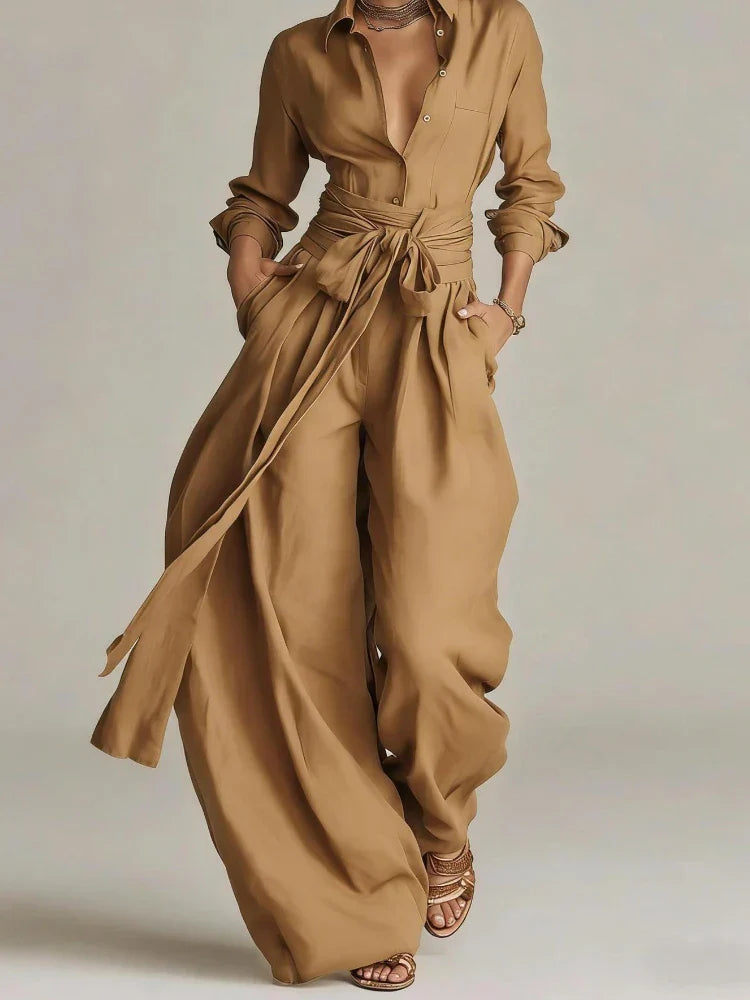 Marlène™ | Vintage Button-Up Shirt & Wide-Leg Trouser Set